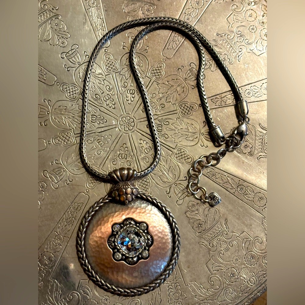 Brighton Vintage 16in Silver Pendant With Faceted Glass Crystal & Snake Chain